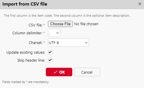 Import from CSV file settings