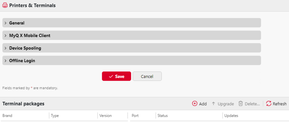 Printers and Terminals settings tab