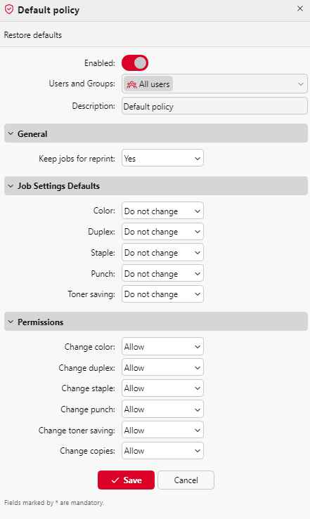 Default policy properties