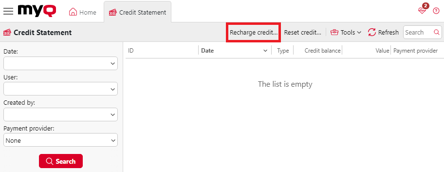 Recharging credit on the Credit Statement tab