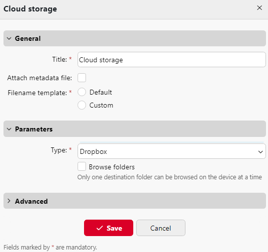 Setting the Dropbox destination type