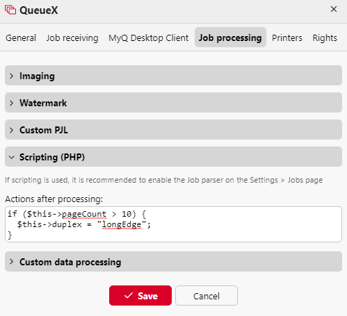 Actions after processing properties sub-tab