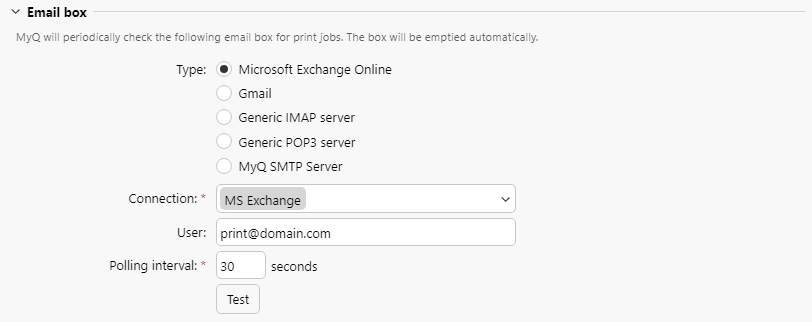 Microsoft Exchange settings