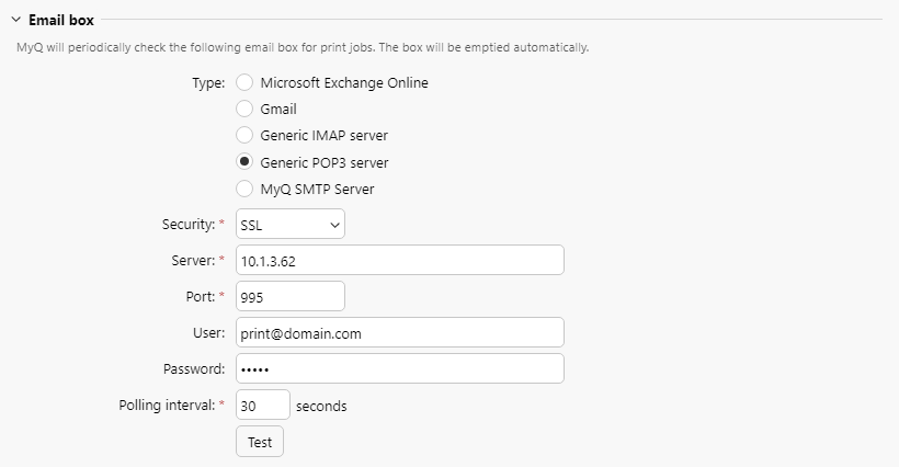 POP3 settings example