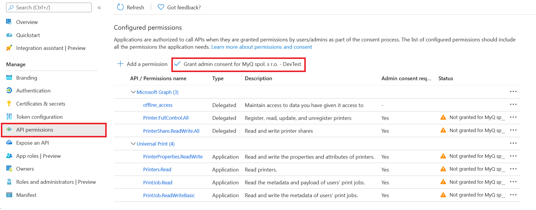 MS Azure - API permissions