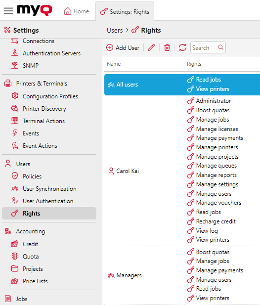 Rights settings tab