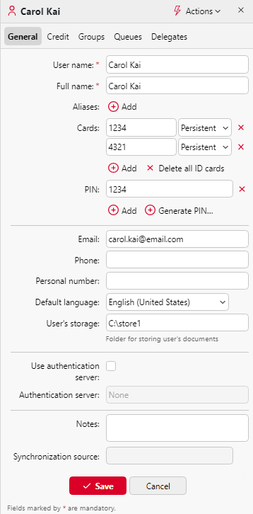 User properties panel