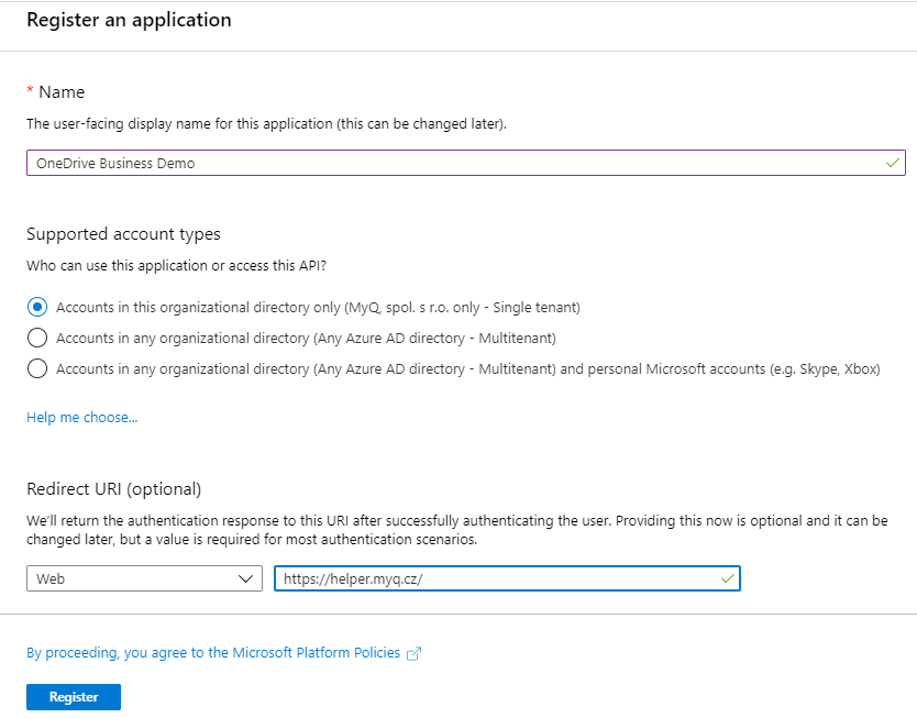 Registering a new app in Azure