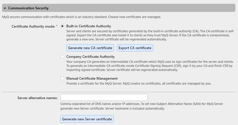 Communication Security settings