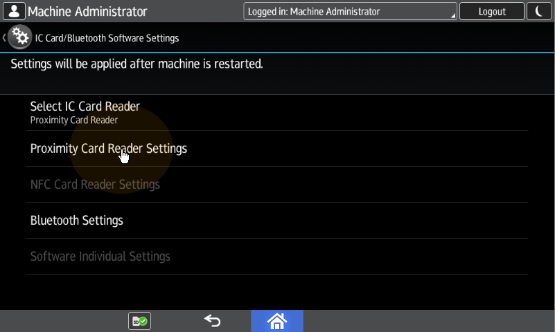 Selecting the Proximity Card Reader settings