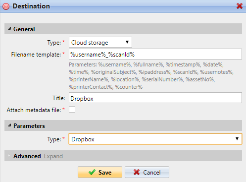 Setting the Dropbox destination type