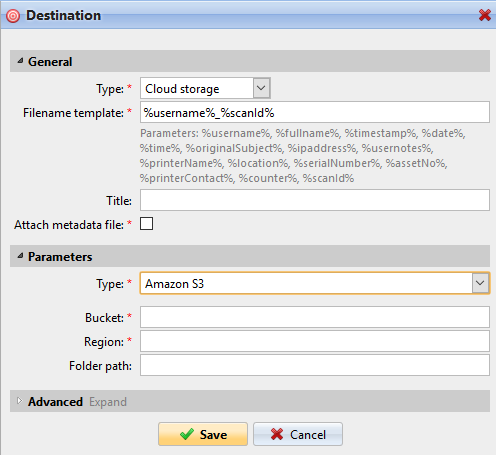 Setting the Amazon S3 destination type