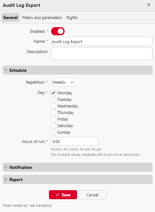 Audit Log Export properties