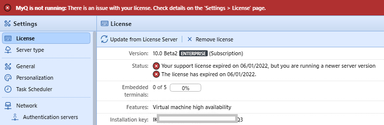 License expired, MyQ is not running message