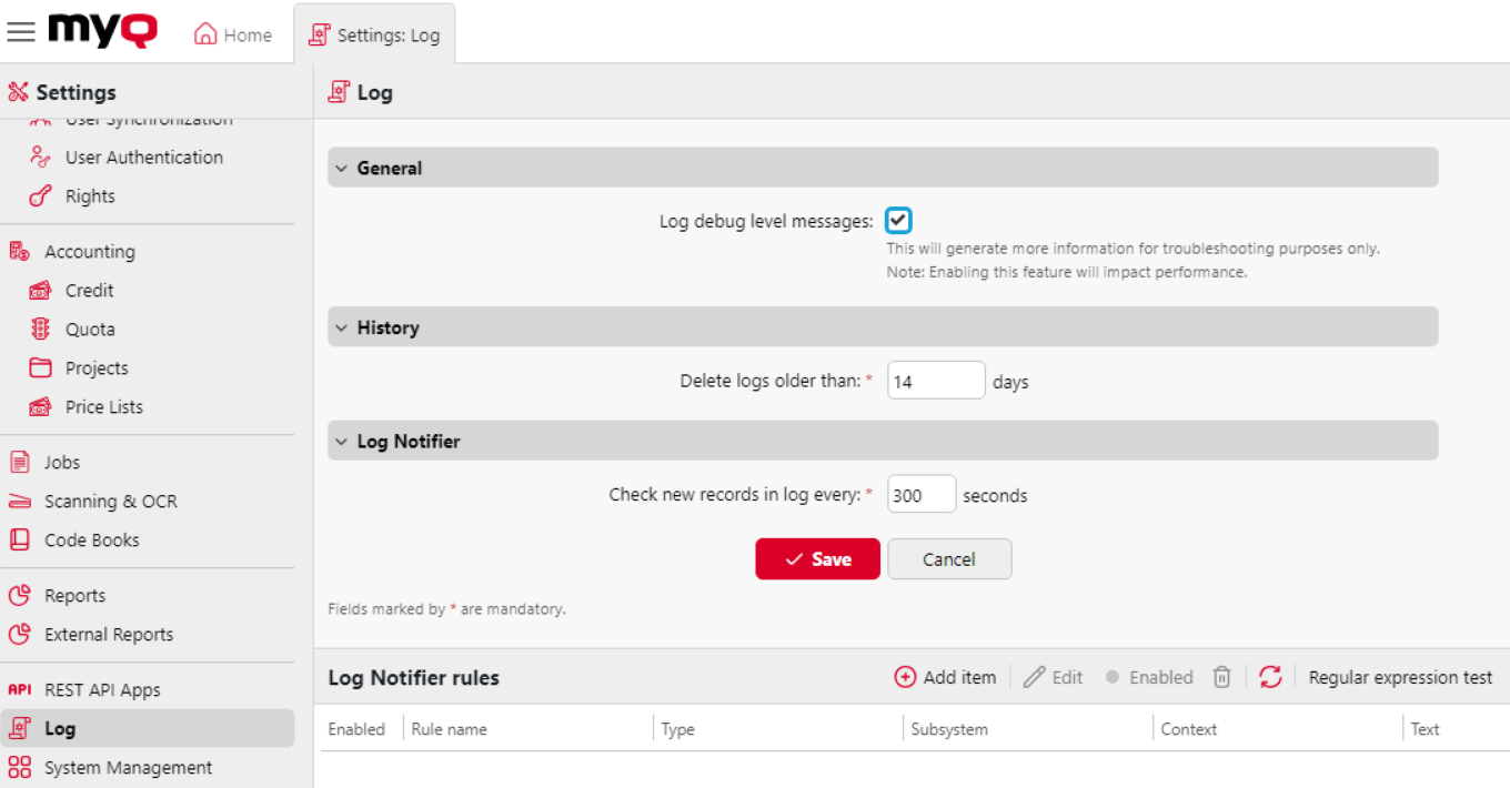 Log settings tab