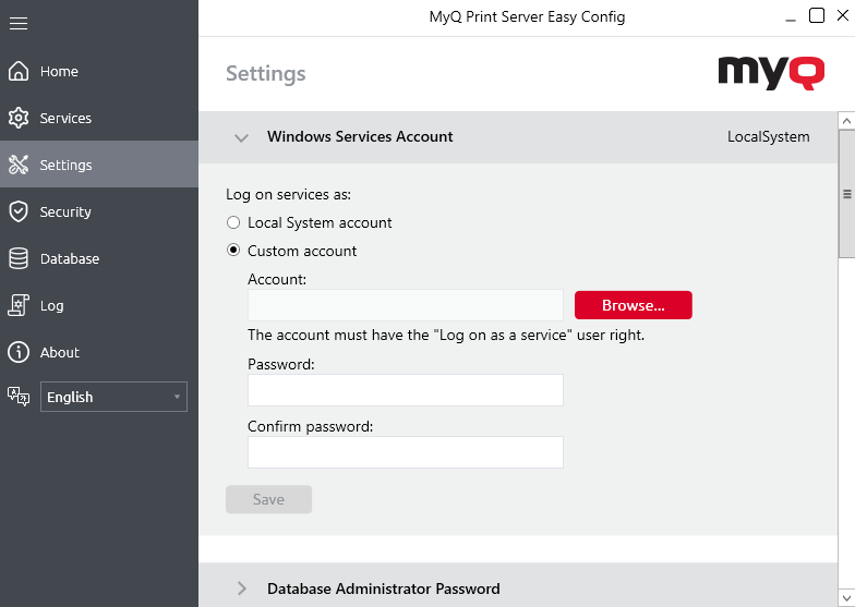 MyQ Easy Config - Changing Windows services account