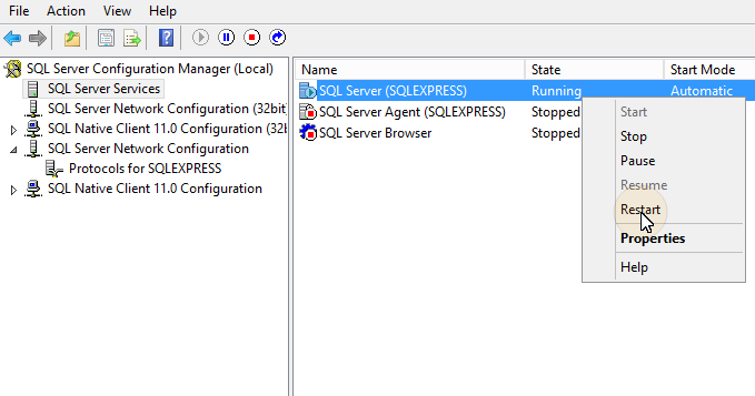 Restarting the SQL service