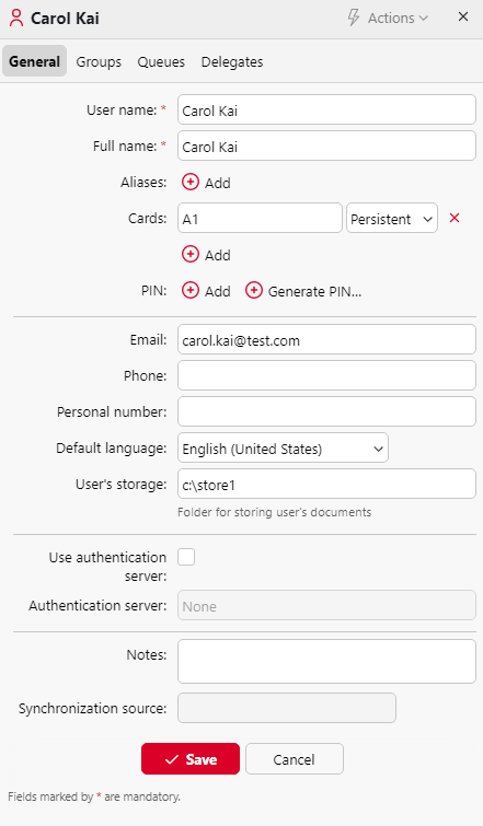 User properties panel