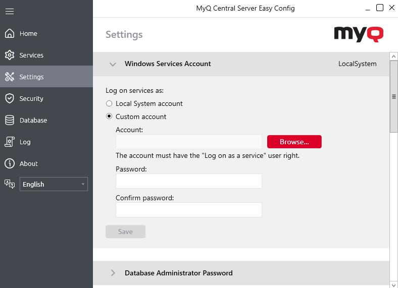 Changing the MyQ Windows Services Account