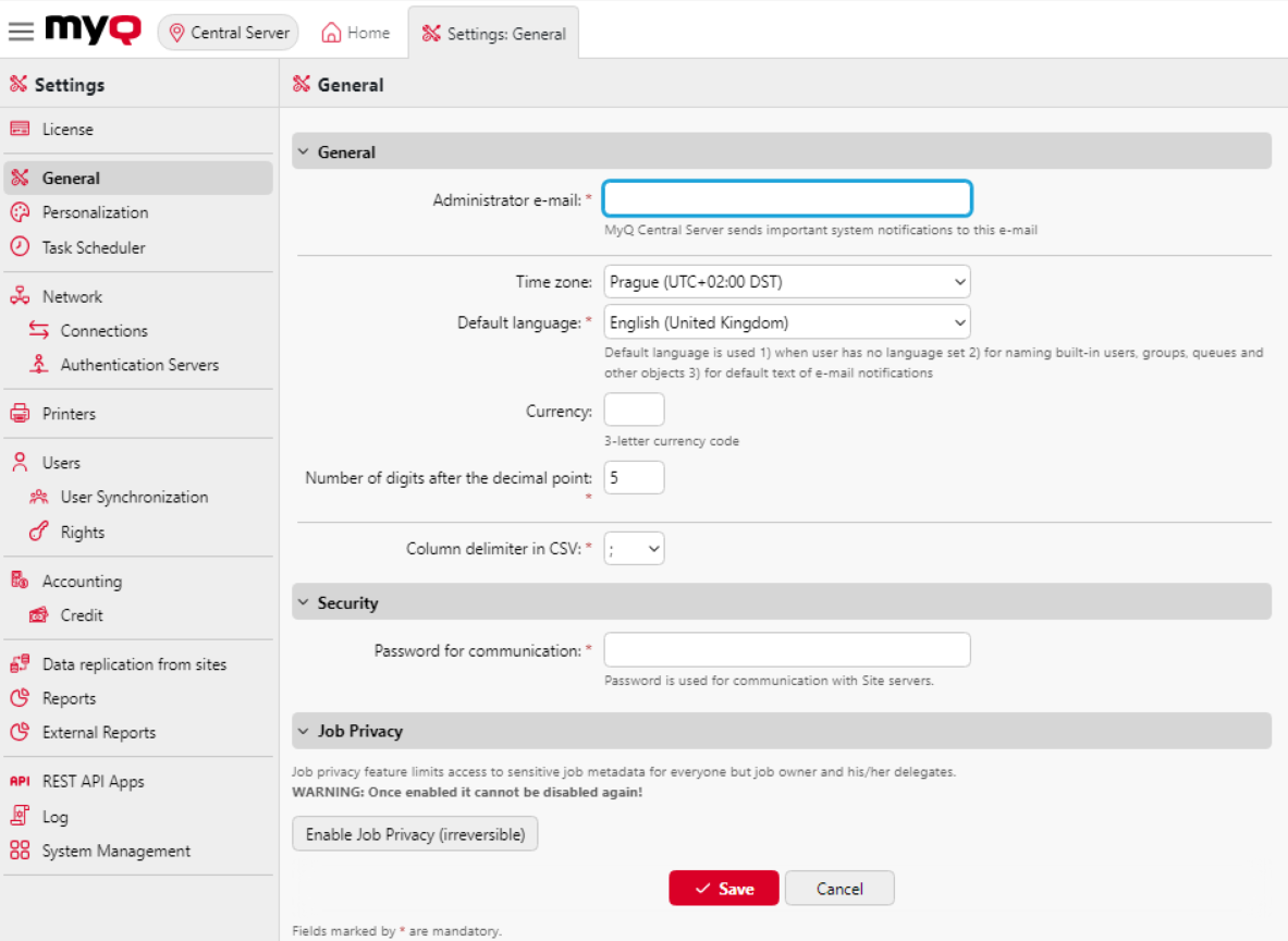 General settings tab