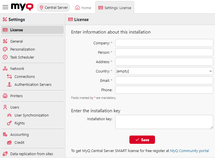 License settings tab