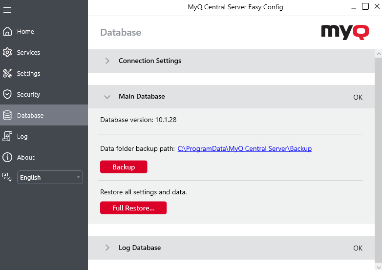MyQ Central Easy Config - Database tab