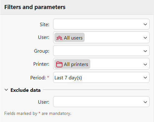 Filters and parameters on the Design sub-tab of the report's editing panel