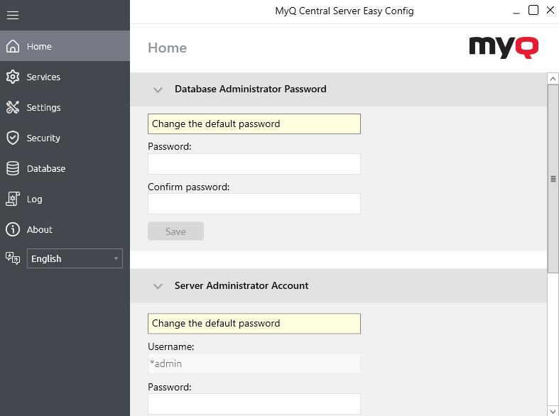 MyQ Central Easy Config - Home tab, changing default passwords