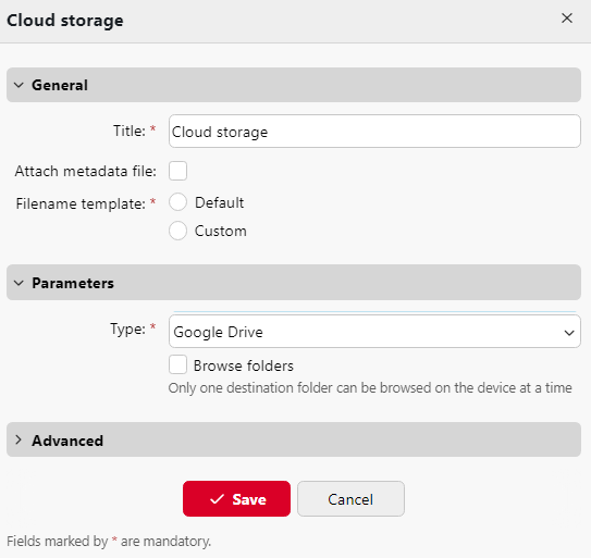 Setting the Google Drive destination type