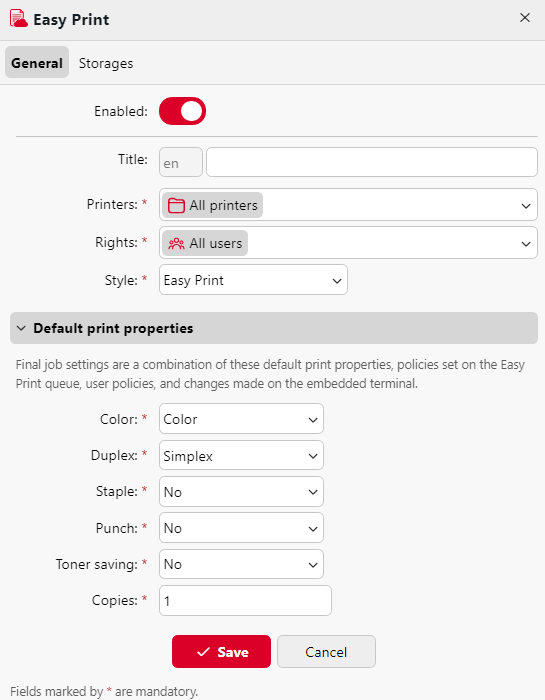 Easy Print general settings