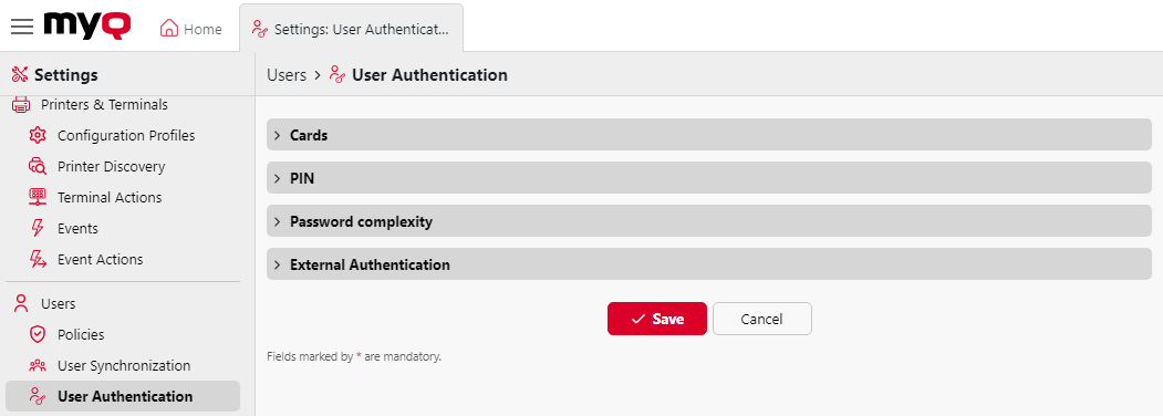 User Authentication settings tab