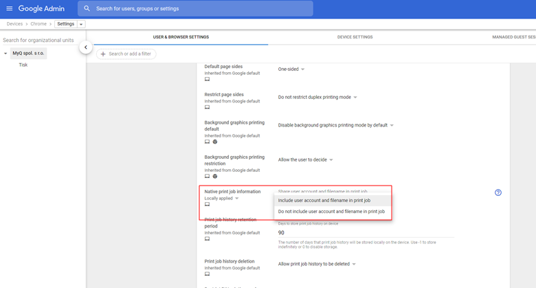 Google Admin Console - User and browser settings