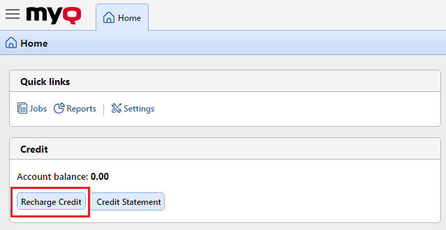 Recharging credit on the MyQ web UI
