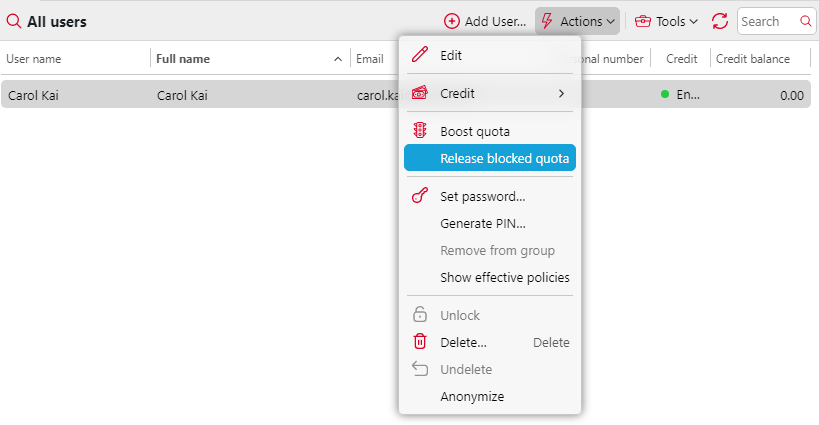 Releasing blocked quota