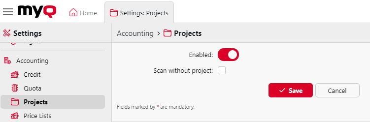 Projects settings tab