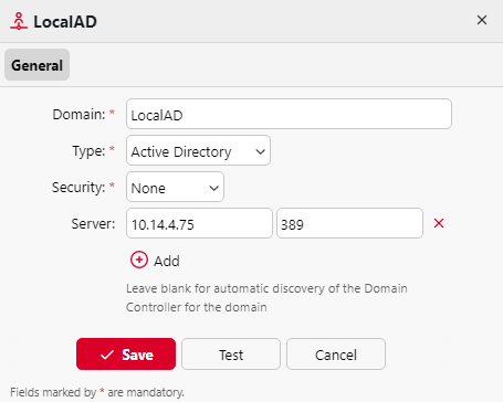 LDAP server properties panel example