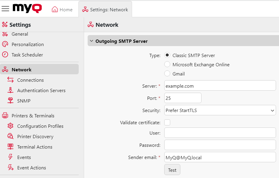 Outgoing SMTP server settings