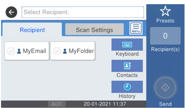 Panel Scan to Email options on the terminal