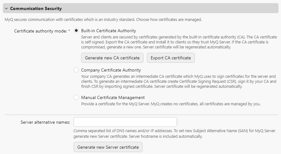 MyQ web UI - Communication Security