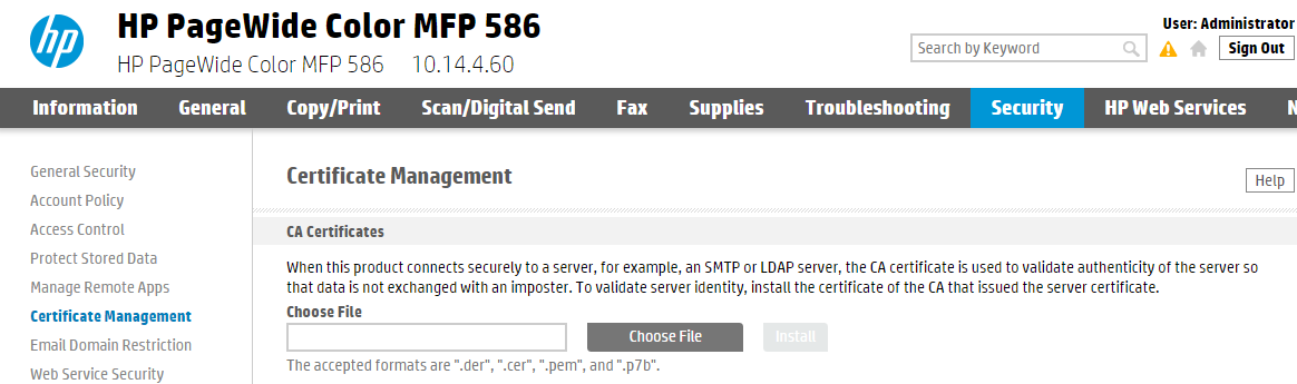 HP Web UI - Certificate management