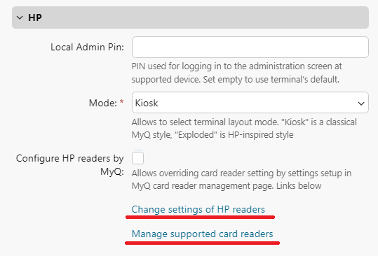 HP Package Manager links in the MyQ configuration profile settings