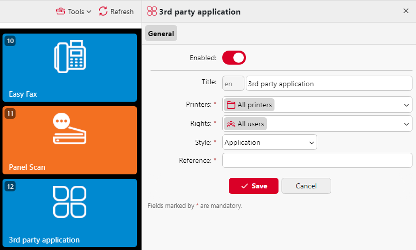 Application terminal action properties on the MyQ web admin UI