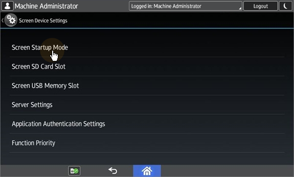 Screen startup mode on the admin menu