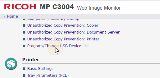 Ricoh web UI - Program Change USB Device List