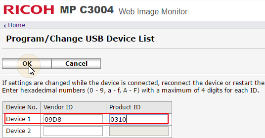 Ricoh web UI - adding Vendor ID and Product ID