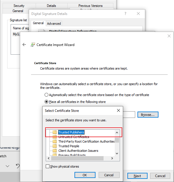 Certificate import - selecting certificate store