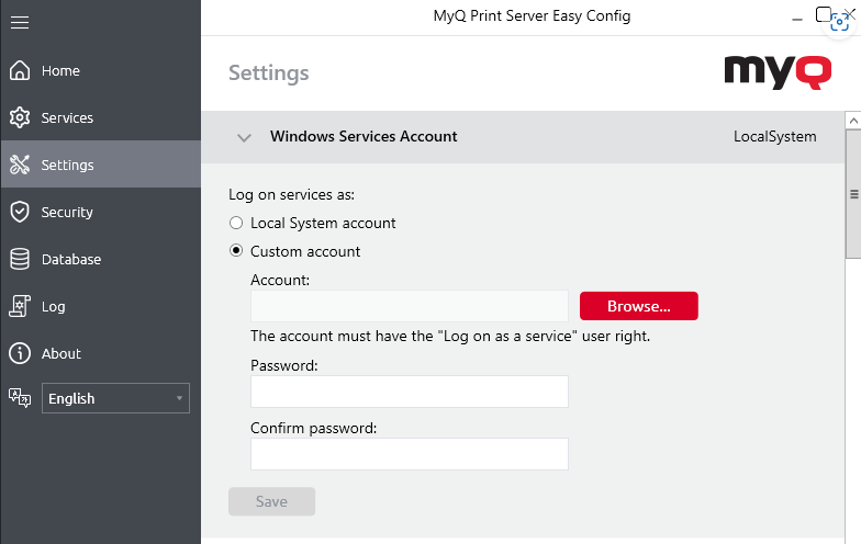 Windows Services Account - Easy Config Settings Tab