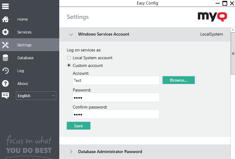 windows services account - easy config settings tab
