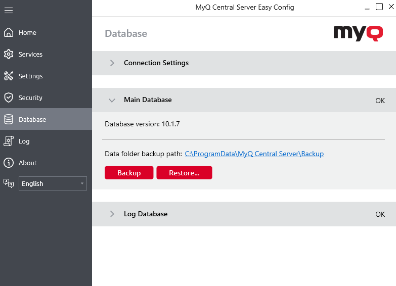 MyQ Central Easy Config - Database tab