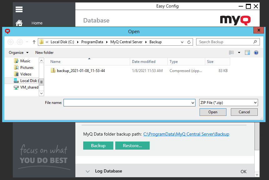 MyQ Central Easy Config - Restoring data